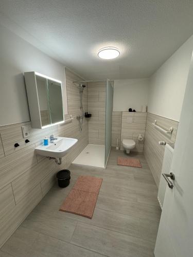 a bathroom with a sink and a shower and a toilet at Ferienhaus Am Südwall, 220qm in Medebach