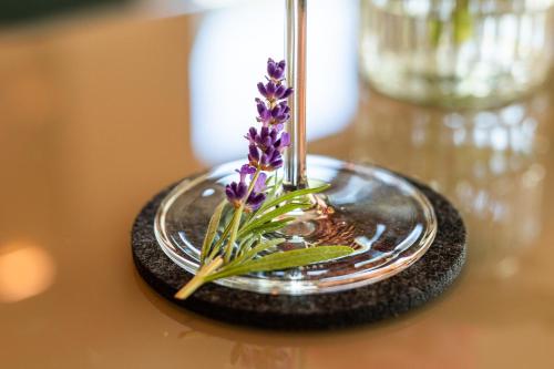 a vase with a purple flower on a table at DEINHARD's in Bernkastel-Kues