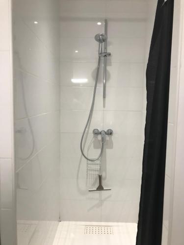 une salle de bain avec une douche avec pommeau de douche dans l'établissement Détente au cœur des Cévennes, à Bessèges