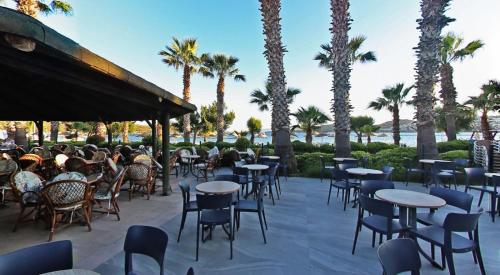 a patio with tables and chairs and palm trees at Parkim Ayaz Hotel in Gümbet