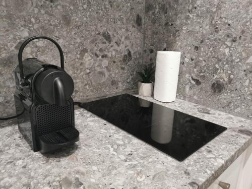 a black phone on a counter with a roll of toilet paper at Atlas suites EAST in Košice