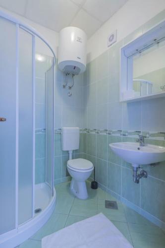 a bathroom with a toilet and a sink and a shower at Apartments Riva in Medulin