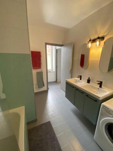 une salle de bain avec un lavabo et un miroir dans l'établissement Appartement T4 et Parking à 3km du Futuroscope, à Jaunay-Clan