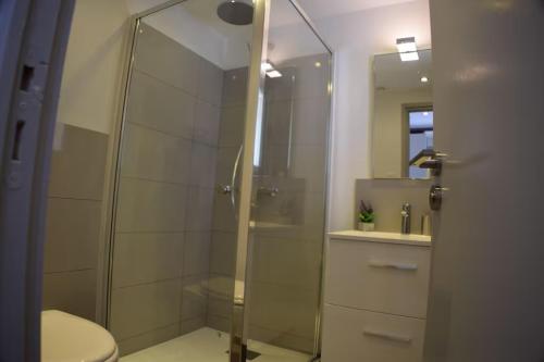 une salle de bain avec une douche avec des toilettes et un lavabo dans l'établissement Superbe rez-de-jardin de villa MACCHIA 2, Proche des plages de Santa giulia, à Porto-Vecchio