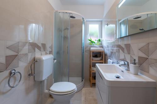 a bathroom with a toilet and a shower and a sink at Apartments Mirella in Novigrad Istria