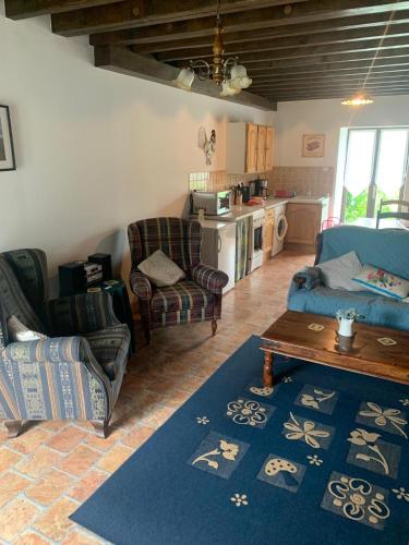 un salon avec des canapés et une table ainsi qu'une cuisine dans l'établissement Les Gites de Montinazeau - beautiful countryside and a tranquil paradise, à Chéniers