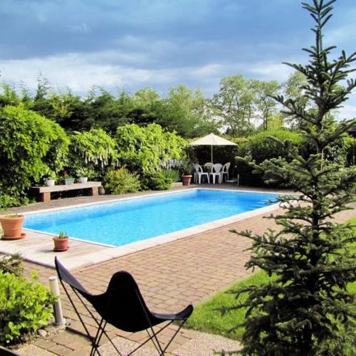 une piscine avec une chaise et un arbre à côté dans l'établissement Russchaert, à Zimmersheim
