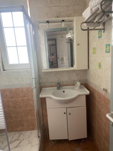 a bathroom with a sink and a mirror and a shower at Μεζονέτα AIKATERINI N 7 in Chios