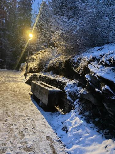 a bench covered in snow next to a street light at Apartment im Stenna Vallada direkt bei den Bergbahnen in Flims