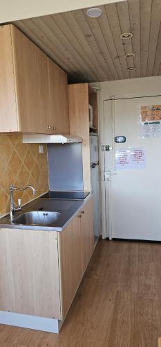 une cuisine avec un évier et un réfrigérateur dans l'établissement Vue Mer sur l'isthme plage à 2 min. Arrivée H24, à La Seyne-sur-Mer