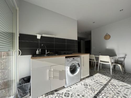 uma cozinha com uma máquina de lavar roupa em Appartement proche CHU em Saint-Priest-en-Jarez