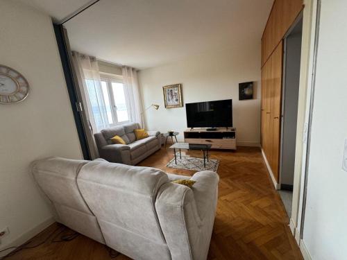 uma sala de estar com um sofá e uma televisão em Le Bellevue em Thonon-les-Bains