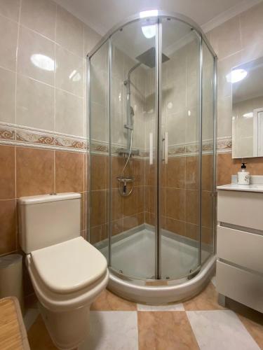 a bathroom with a shower and a toilet at Prealsa in Benalmádena