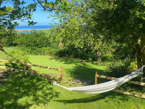 a hammock in a garden with the ocean in the background at Doniños74 in Ferrol