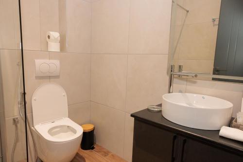 a bathroom with a white toilet and a sink at Bel Ami Tirana in Tirana