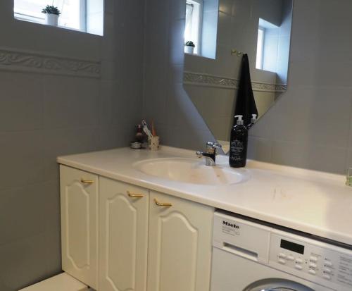a bathroom with a sink and a washing machine at Bolig med sommerhusvibes, 80 meter fra badesø in Silkeborg