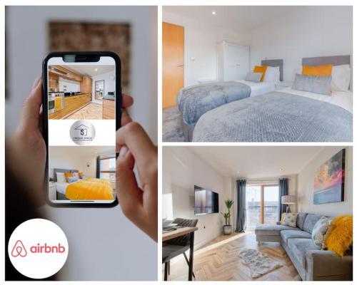 a person taking a picture of a bedroom and a hotel room at ✪Leisure Stay✪Relocation or Business stay✪1bed - FREE SECURE PARKING SPACE in Leeds