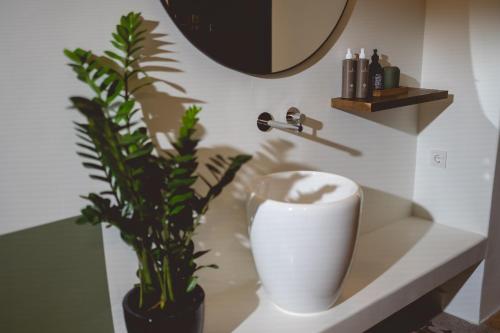a bathroom with a toilet and a plant on a counter at Bugan-Villa in Athens