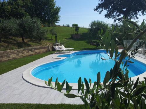 a large swimming pool in a yard with a patio at Podere Del Fagiano in Tolentino