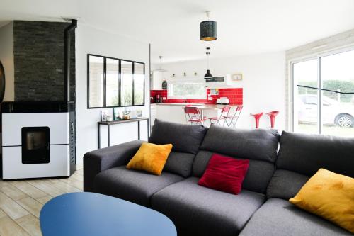 - un salon avec un canapé gris et des oreillers colorés dans l'établissement Jolie maison en bois à 2 kms de la plage de Brem Sur Mer - 6 personnes, à Brem-sur-Mer