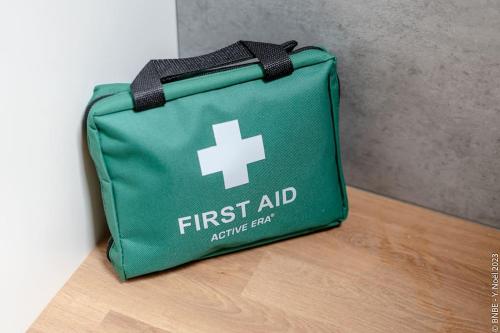 a green first aid bag sitting on the floor at Petite Dinant - Feet in water hands on the rock in Dinant
