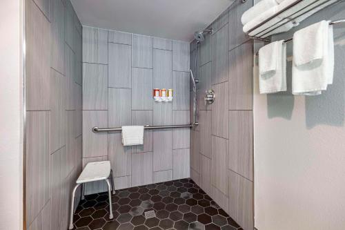 ein Bad mit einer Dusche mit einem Hocker in der Unterkunft Hells Canyon Grand Hotel, Ascend Hotel Collection in Lewiston