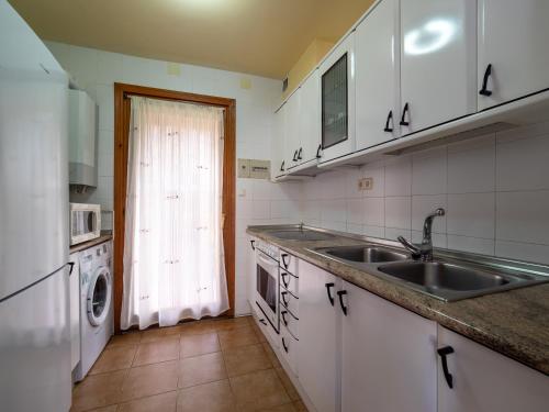 a kitchen with a sink and a washing machine at Centro de Vacaciones Morillo de Tou - Ainsa in Aínsa