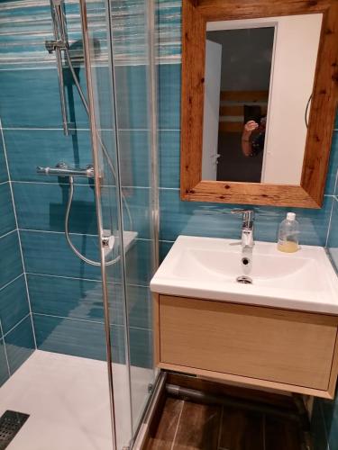 une salle de bain avec un lavabo et un miroir dans l'établissement Studio Résidence Port Tamaris, à La Seyne-sur-Mer