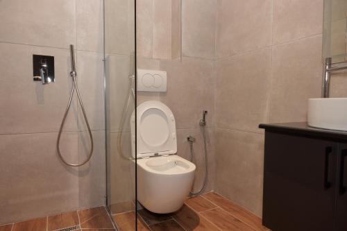 a bathroom with a shower with a toilet and a sink at Bel Ami Tirana in Tirana