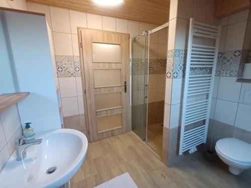a bathroom with a shower and a sink and a toilet at Apartmán Svaté Pole in Svaté Pole