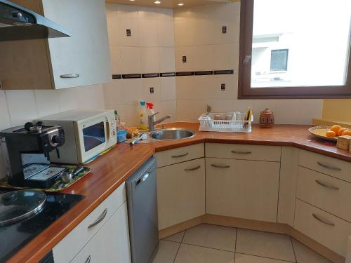 une cuisine avec un évier et un micro-ondes dans l'établissement T3 77 m2 calme+parking proche Paris & métro, à Vanves