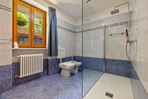 a bathroom with a toilet and a glass shower at Casa Valentina in Ledro