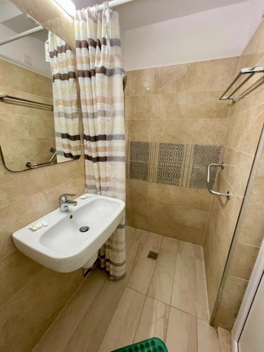 a bathroom with a sink and a shower at Hotel Aurora in Mamaia