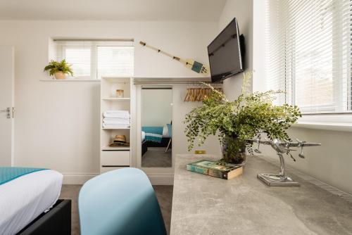 a bedroom with a bed and a tv and a plant at Quayside View - Luxury Apartment on Paignton Harbour in Paignton