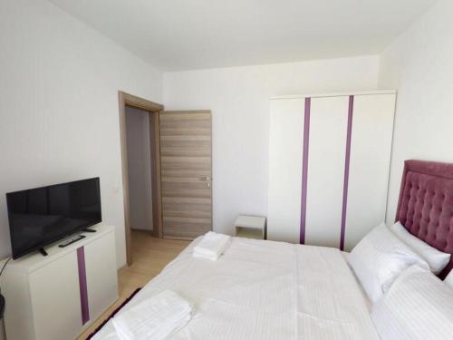 um quarto com uma cama e uma televisão de ecrã plano em Papaya Apartment on the Seafront em Mamaia Nord – Năvodari