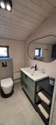 a bathroom with a sink and a toilet and a mirror at Cozy cottage, Mountain view in Selfoss