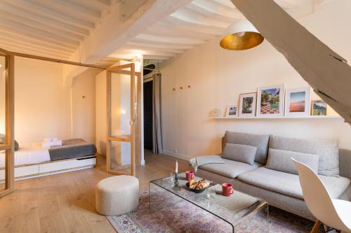 un salon avec un canapé et un lit dans l'établissement Appartement la vie en rose - Centre historique, à Rennes