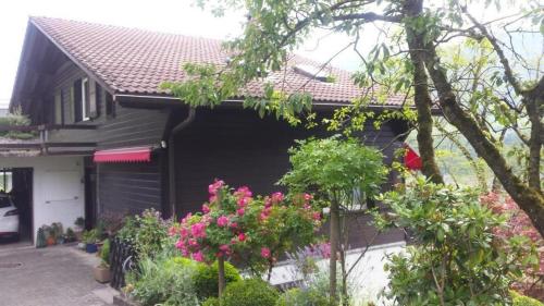 ein schwarzes Haus mit Blumen davor in der Unterkunft Josy's Holiday & Business Apartment in Sarnen