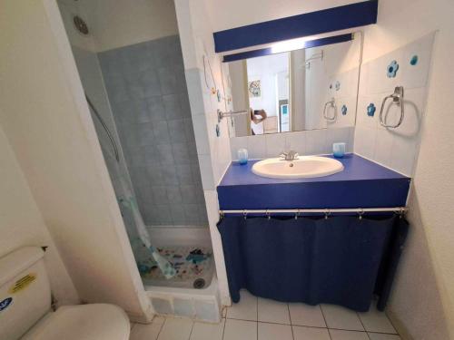 une salle de bain avec un lavabo bleu et un miroir dans l'établissement Appartement 1 chambre et mezzanine, 4-6 couchages, parking privé - FR-1-326-505, à Marseillan