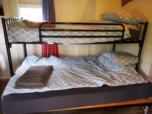 2 slaapplaatsen in een stapelbed in een kleine kamer met 3 stapelbedden bij Trekkershut - Tiny House - Hikers cottage in Wijster