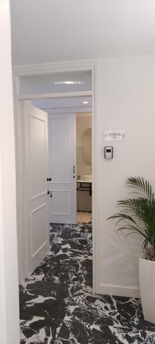 un couloir avec une porte blanche et une plante en pot dans l'établissement MUSES LUXURY SUITES, à Corfou