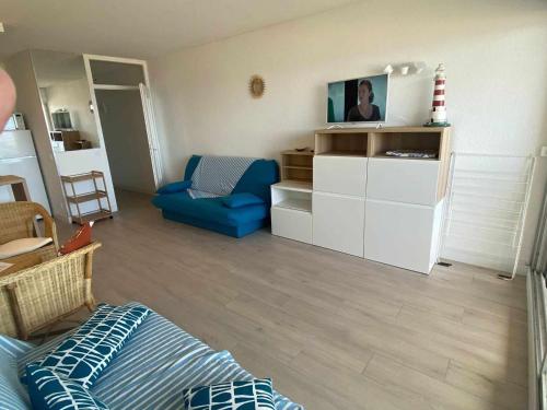 un salon avec un canapé et une chaise bleue dans l'établissement Studio pied dans l'eau, grand frigo, lave-vaisselle, lave-linge, parking privé - FR-1-326-787, à Marseillan