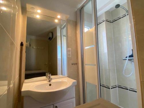 une salle de bain avec un lavabo et une douche en verre dans l'établissement Appartement climatisé pour 6 avec piscine, terrasse et parking près de la plage - FR-1-326-793, à Marseillan