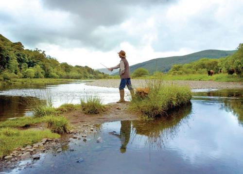 un hombre está de pie en un río sosteniendo una caña de pescar en Angecroft Park, en Ettrick
