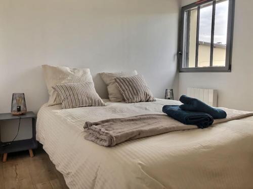 un lit avec une couverture dessus dans une chambre dans l'établissement Charme et quiétude au coeur du quartier Tiret, à Ambérieu-en-Bugey