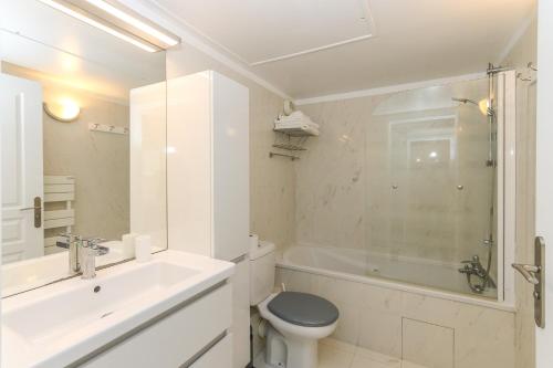 une salle de bain avec un lavabo, des toilettes et une douche dans l'établissement Studio in Les Résidences du Palais, à Nice