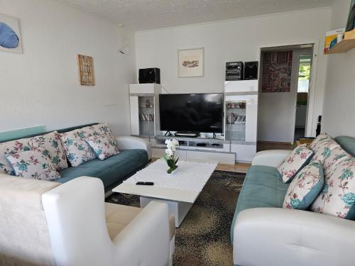 uma sala de estar com dois sofás e uma televisão em Apartment to stay em Wernau
