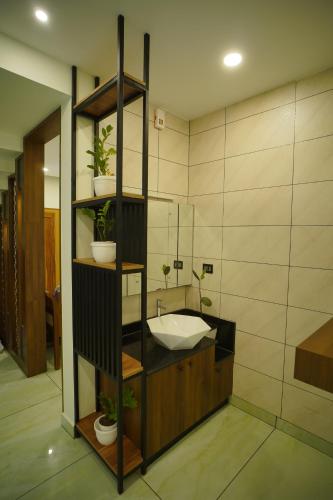 een badkamer met een wastafel en een spiegel bij Highrange Villas in Vagamon
