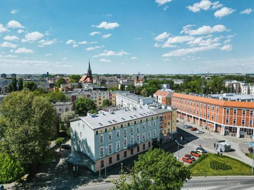 an aerial view of a city with buildings at Polonia Raciborz in Racibórz