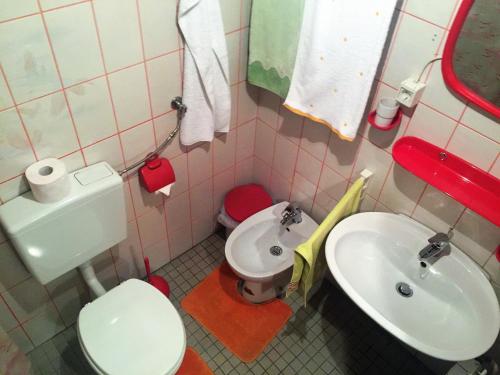 Reich Motel في فيلينيه: حمام صغير مع مرحاض ومغسلة